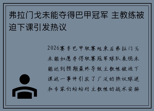 弗拉门戈未能夺得巴甲冠军 主教练被迫下课引发热议