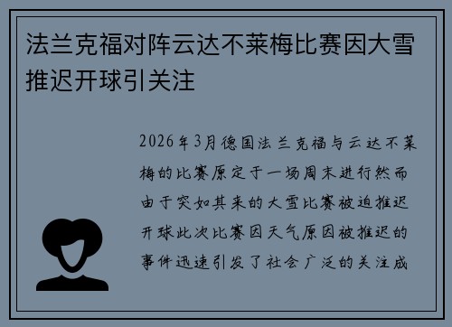 法兰克福对阵云达不莱梅比赛因大雪推迟开球引关注